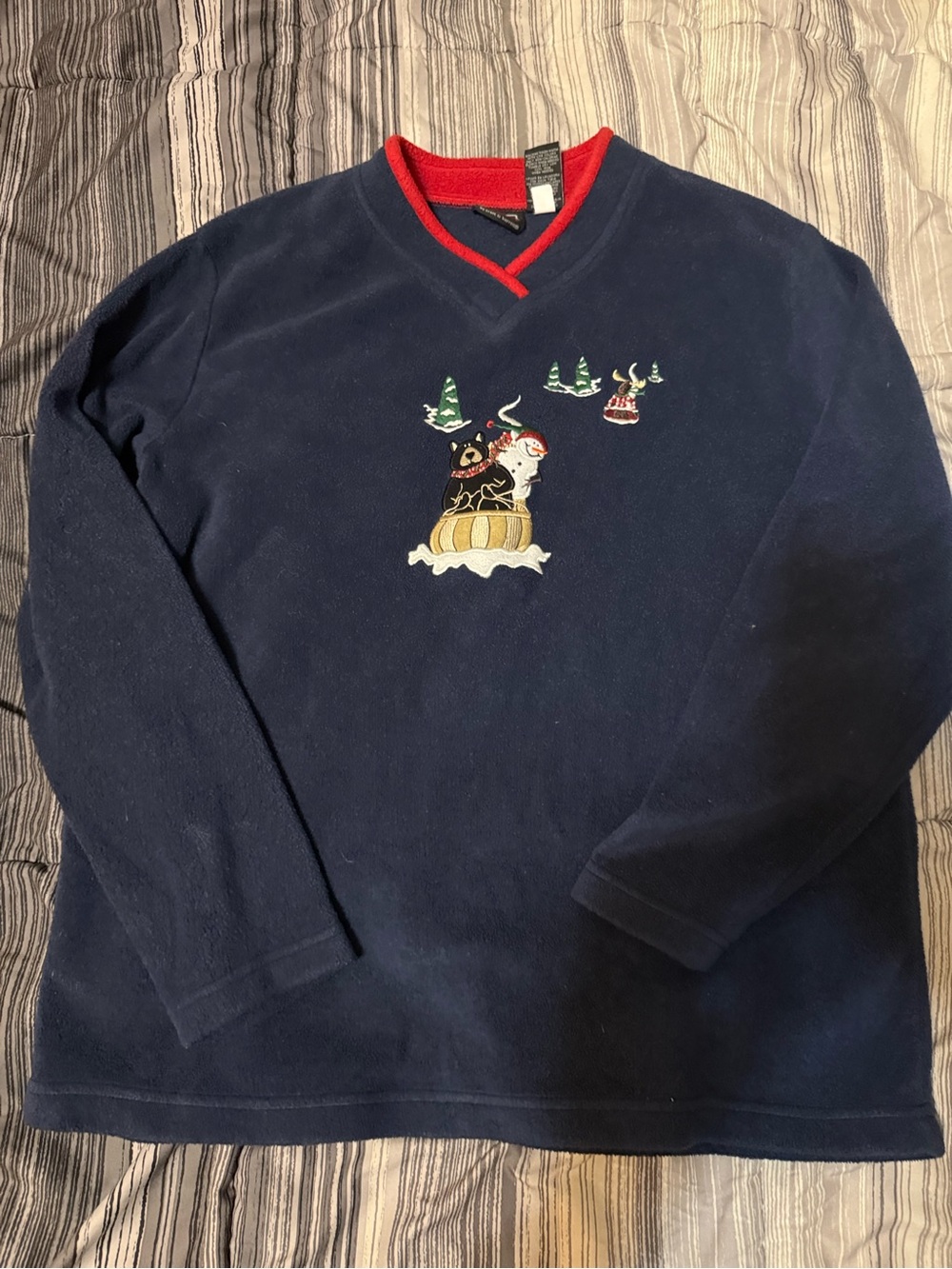 croft & barrow Navy V-Neck Sweater with Red Trim and Embroidered Holiday Motif